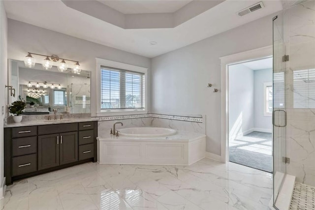 671 Chilliwack Ln, Marshall, PA 16046 - full bathroom featuring a garden tub, a marble finish shower, visible vents, and a wealth of natural light
