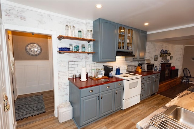 bar area featuring electric stove, under cabinet range hood, light wood-style floors, backsplash, and a wainscoted wall