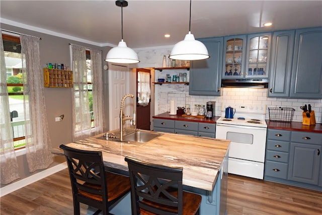 kitchen featuring white electric stove, a sink, under cabinet range hood, healthy amount of natural light, and recessed lighting