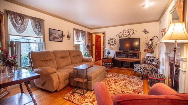 612 Freeport Rd, South Buffalo Twp, PA 16229 - living room with wood finished floors, ornamental molding, and a fireplace
