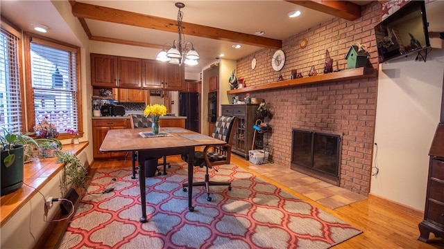 612 Freeport Rd, South Buffalo Twp, PA 16229 - dining area with beamed ceiling, a brick fireplace, light wood-style flooring, a chandelier, and recessed lighting