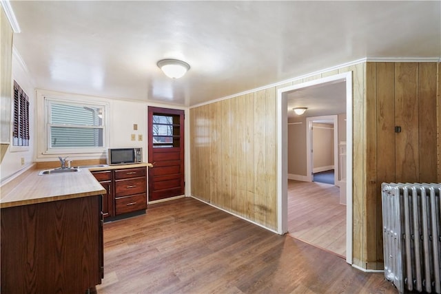528 3rd St, Charleroi Boro, PA 15022 - kitchen with light countertops, a sink, wooden walls, wood finished floors, and radiator heating unit