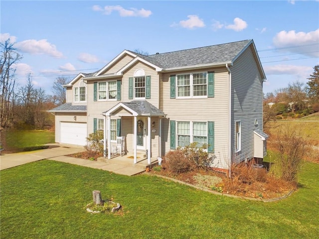 traditional-style house featuring a front lawn, a garage, and concrete driveway