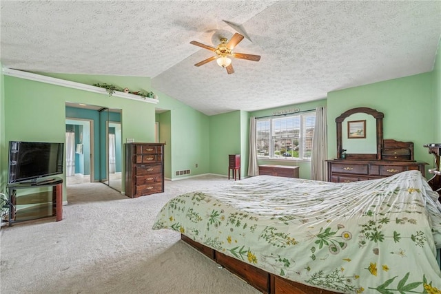 114 Adella Ct, Penn Twp Wml, PA 15644 - carpeted bedroom featuring lofted ceiling, baseboards, a textured ceiling, and a ceiling fan