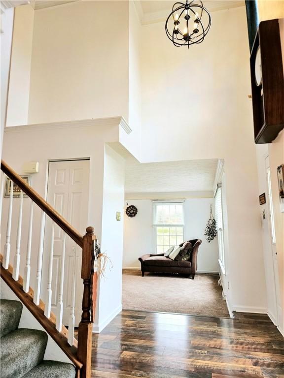 entrance foyer with wood finished floors, a high ceiling, and stairway