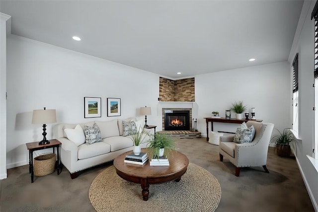 1768 Haflinger Dr, North Huntingdon, PA 15642 - living room featuring baseboards, a fireplace, and recessed lighting