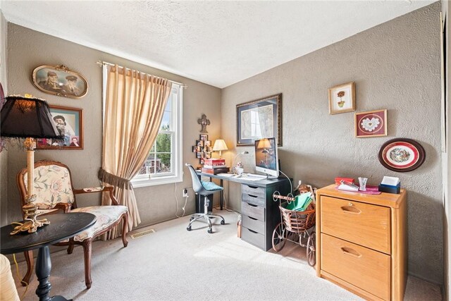 home office featuring a textured ceiling, a textured wall, and carpet