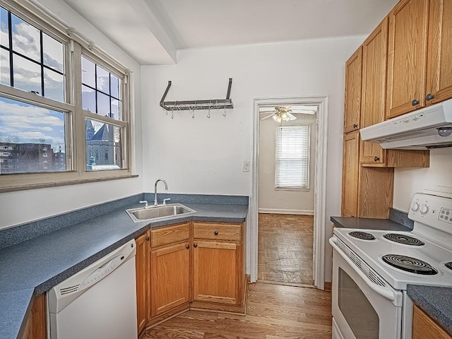 144 N Dithridge St Unit 510, Oakland, PA 15213 - kitchen with a sink, dark countertops, white appliances, light wood-style floors, and under cabinet range hood