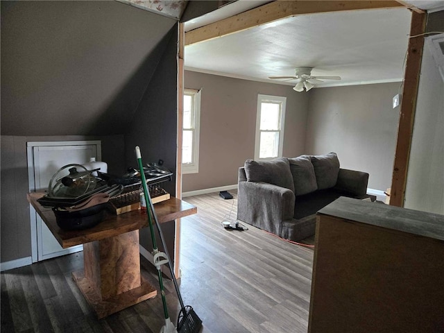 104 Forrest St, Petrolia, PA 16050 - living room with lofted ceiling, ornamental molding, baseboards, ceiling fan, and wood finished floors