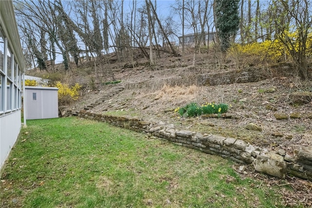 130 Shiela Dr, Green Tree, PA 15220 - view of green lawn with a shed, an outbuilding, and stairs