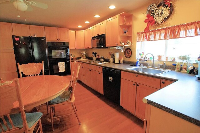 2369 Harrow Rd, Upper St Clair, PA 15241 - kitchen with black appliances, light wood-type flooring, recessed lighting, ceiling fan, and open shelves