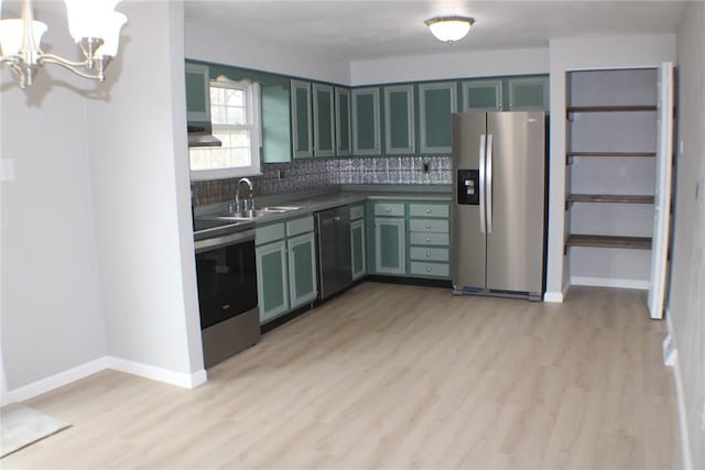 kitchen with appliances with stainless steel finishes, a chandelier, light wood-style flooring, backsplash, and dark countertops