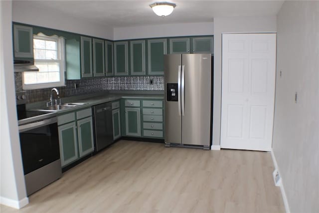 kitchen with appliances with stainless steel finishes, a sink, light wood-style floors, and tasteful backsplash