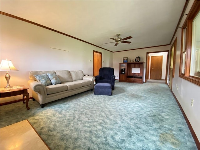 7005 N Dr, Shenango-Cra, PA 16134 - carpeted living area featuring ceiling fan, baseboards, and ornamental molding