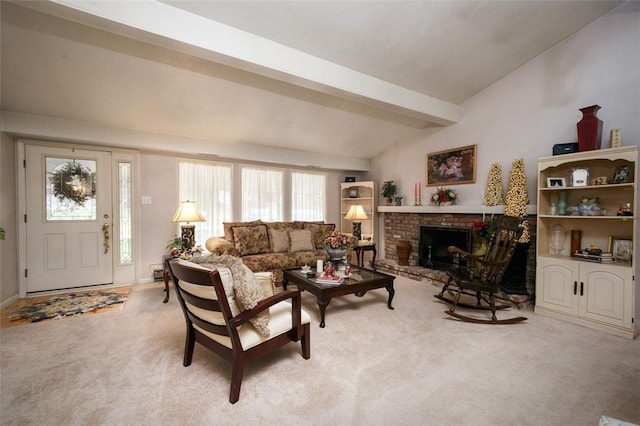 living area featuring a fireplace, vaulted ceiling with beams, and light colored carpet