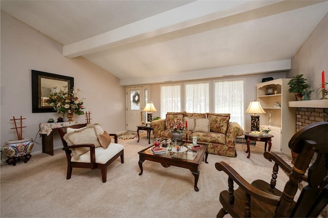 carpeted living room featuring lofted ceiling with beams and baseboards