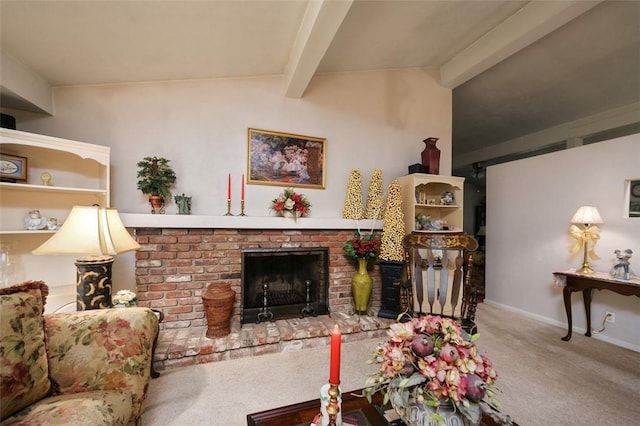 carpeted living area featuring lofted ceiling with beams, baseboards, and a fireplace