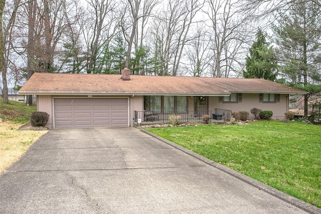 ranch-style home featuring driveway, a front yard, a chimney, a garage, and a porch