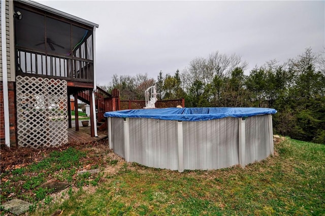 120 Scottsdale Dr, Moon/Crescent Twp, PA 15108 - view of grassy yard featuring ceiling fan, stairs, and a covered pool