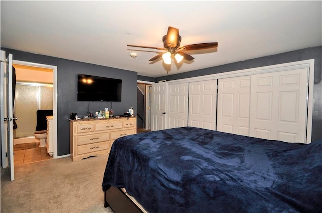 120 Scottsdale Dr, Moon/Crescent Twp, PA 15108 - bedroom with light colored carpet, connected bathroom, a closet, and ceiling fan