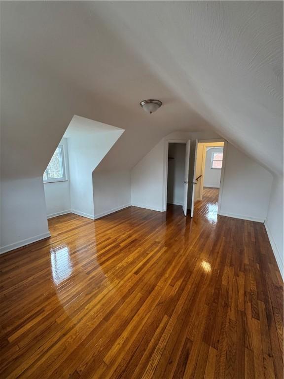 additional living space featuring dark wood finished floors, baseboards, and lofted ceiling