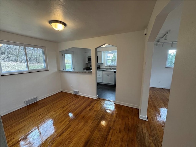 unfurnished dining area with dark wood finished floors, a sink, a wealth of natural light, and visible vents