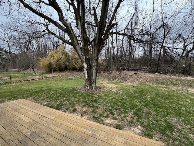wooden terrace featuring fence and a yard