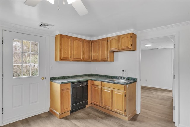 kitchen with a sink, dark countertops, black dishwasher, visible vents, and ceiling fan