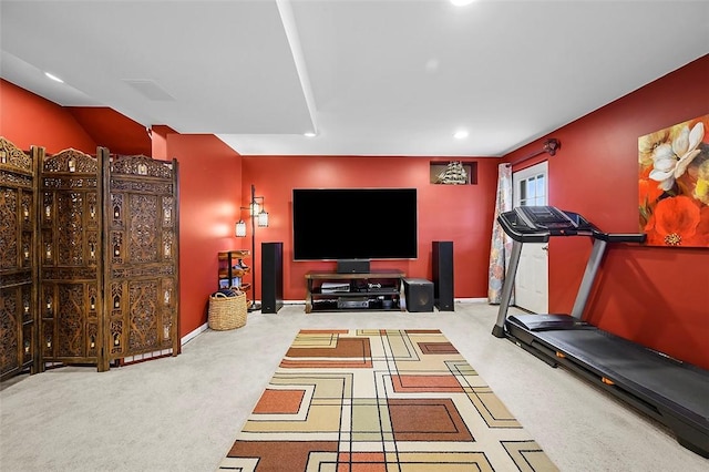 exercise area with carpet floors, recessed lighting, and baseboards