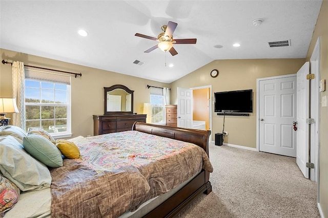 bedroom with recessed lighting, visible vents, carpet, and vaulted ceiling
