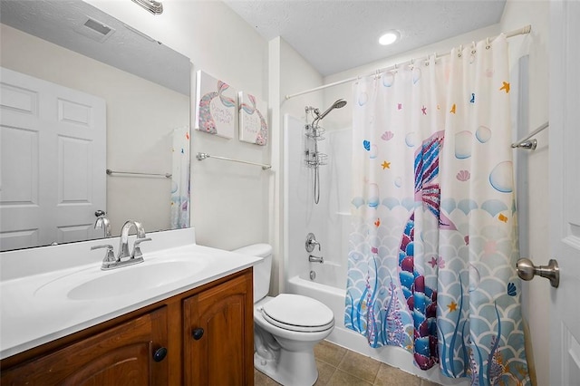 bathroom with visible vents, shower / bath combination with curtain, tile patterned flooring, vanity, and toilet