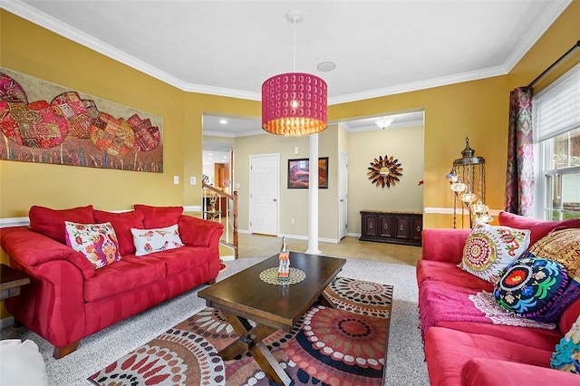 living room featuring baseboards and ornamental molding