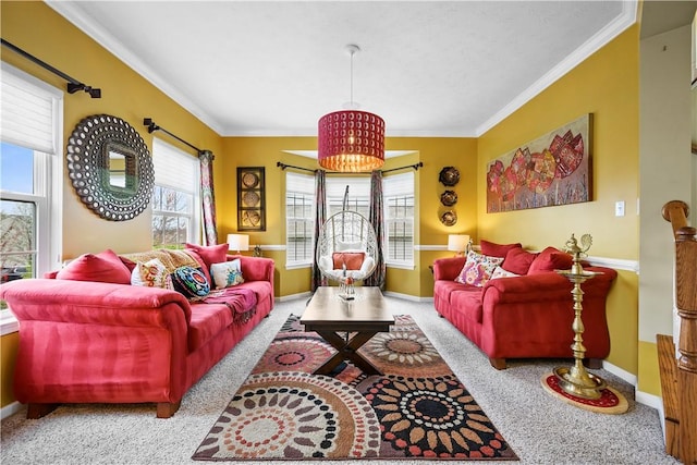 carpeted living room with baseboards, an inviting chandelier, and ornamental molding