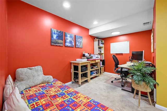 home office with baseboards, carpet flooring, visible vents, and recessed lighting