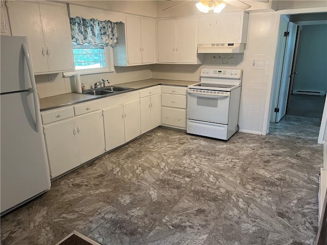 55 Evergreen, West Salem Twp, PA 16125 - kitchen featuring white appliances, premium range hood, a baseboard radiator, a ceiling fan, and white cabinetry