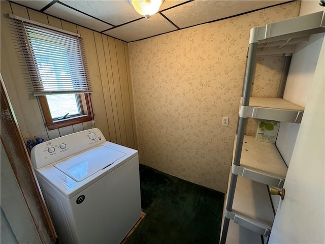 966 Fayette City Rd, Fayette City, PA 15438 - laundry area with wallpapered walls, washer / dryer, dark colored carpet, and laundry area