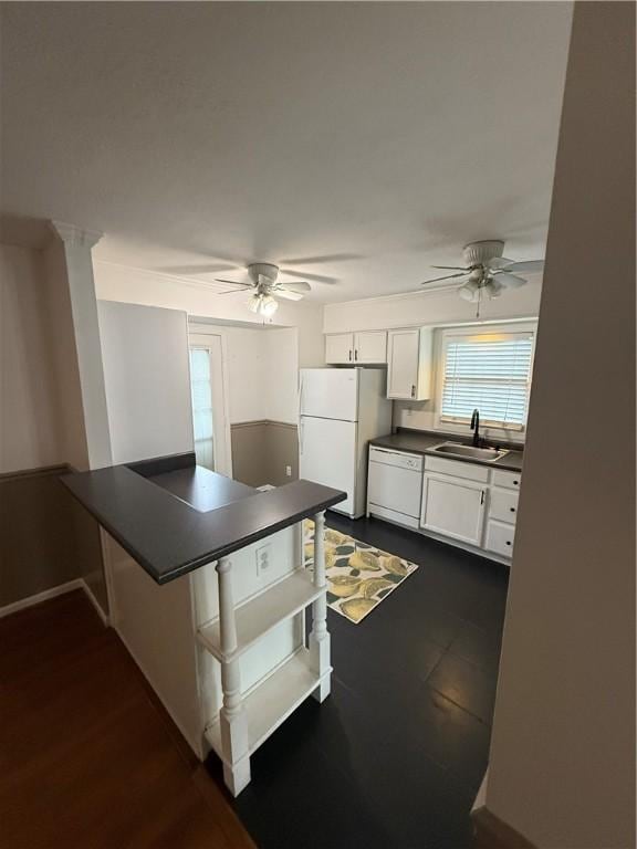 5 Trotwood Cir, North Strabane, PA 15317 - kitchen with white appliances, ceiling fan, dark countertops, and a sink