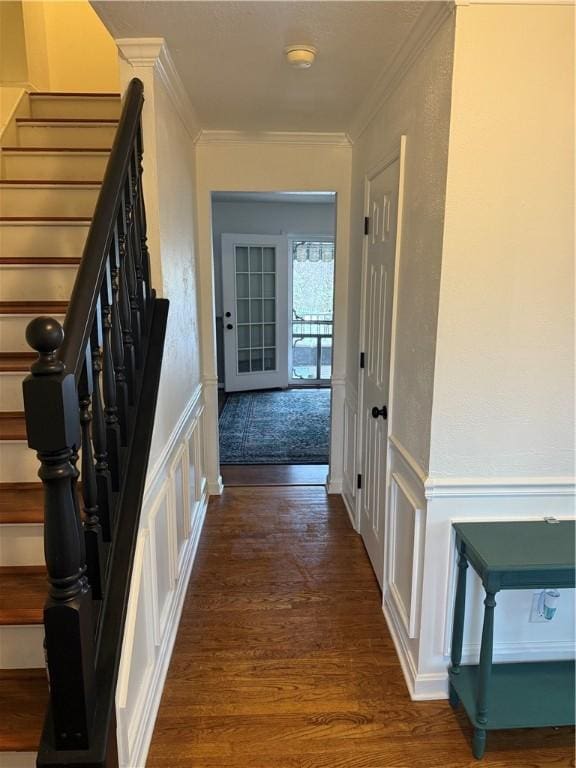 5 Trotwood Cir, North Strabane, PA 15317 - hallway featuring stairway, dark wood-type flooring, ornamental molding, a wainscoted wall, and a decorative wall