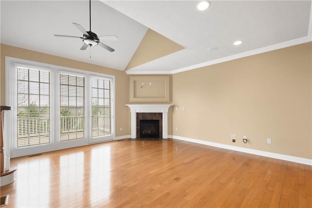 1728 Waterleaf Dr, Franklin Park, PA 15143 - unfurnished living room featuring a fireplace, a ceiling fan, visible vents, light wood finished floors, and baseboards