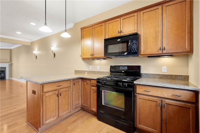 1728 Waterleaf Dr, Franklin Park, PA 15143 - kitchen featuring a peninsula, brown cabinets, black appliances, and ornamental molding
