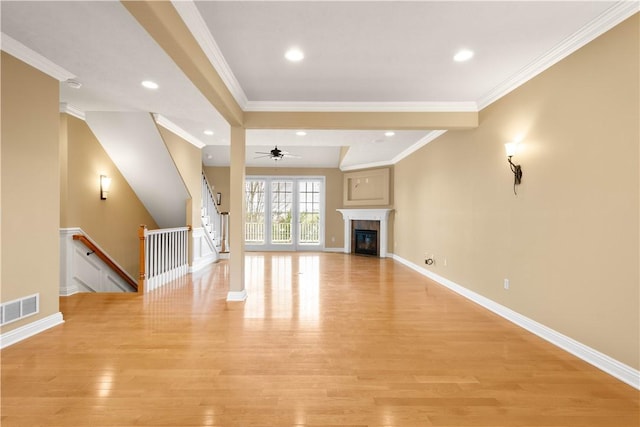 1728 Waterleaf Dr, Franklin Park, PA 15143 - unfurnished living room featuring visible vents, baseboards, ornamental molding, recessed lighting, and light wood-style flooring