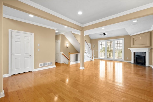 1728 Waterleaf Dr, Franklin Park, PA 15143 - unfurnished living room featuring visible vents, baseboards, crown molding, light wood finished floors, and recessed lighting