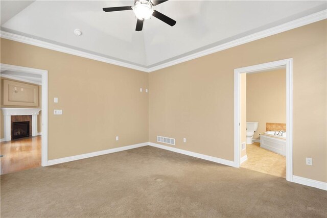 1728 Waterleaf Dr, Franklin Park, PA 15143 - unfurnished bedroom with visible vents, baseboards, ornamental molding, carpet, and a fireplace