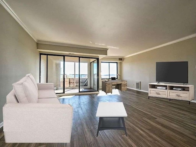 living area with dark wood-style flooring, visible vents, ornamental molding, and baseboards