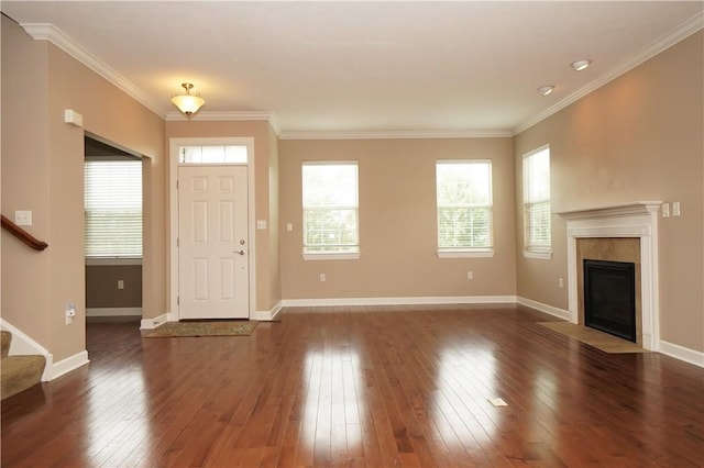 395 Wealdstone Rd, Cranberry Twp, PA 16066 - foyer entrance featuring dark wood-type flooring, stairway, crown molding, and a fireplace with flush hearth