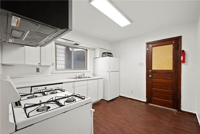 63 Lawn St, Oakland, PA 15213 - kitchen with a sink, light countertops, white appliances, dark wood-style floors, and under cabinet range hood