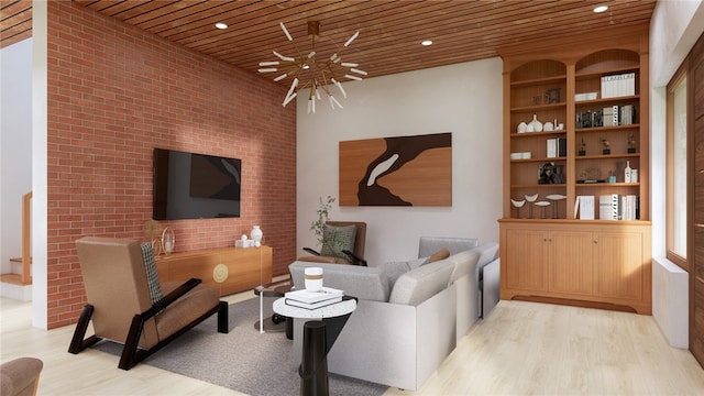 1231 Columbus Ave, Manchester, PA 15233 - living area with brick wall, built in shelves, light wood-type flooring, and wooden ceiling