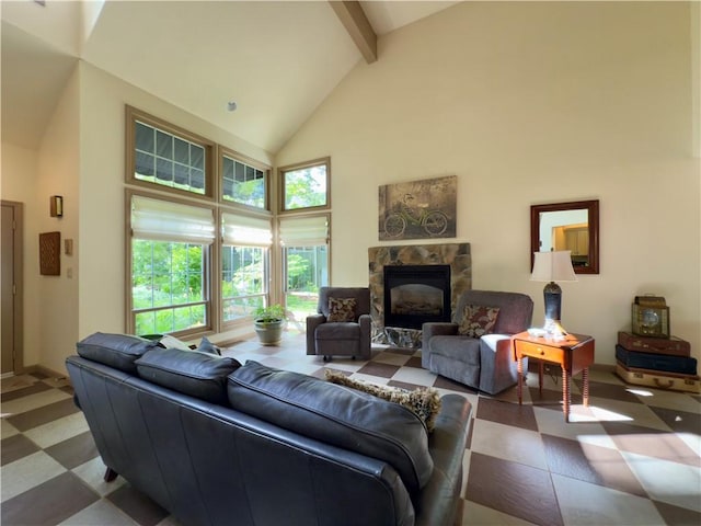 788 Latonka Dr, Coolspring Twp, PA 16137 - living room with high vaulted ceiling, tile patterned floors, beam ceiling, healthy amount of natural light, and a fireplace
