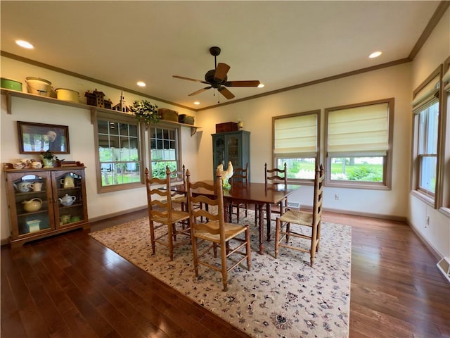 788 Latonka Dr, Coolspring Twp, PA 16137 - dining space with ornamental molding, baseboards, dark wood-type flooring, a ceiling fan, and recessed lighting