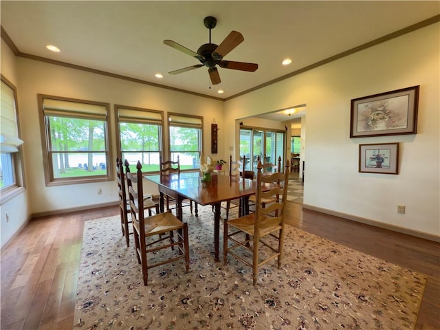 788 Latonka Dr, Coolspring Twp, PA 16137 - dining room featuring ornamental molding, wood finished floors, baseboards, a ceiling fan, and recessed lighting